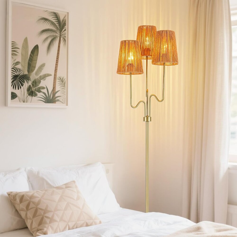 Boho Rattan Floor Lamp, 68" Gold 3-Light Tree Lamp